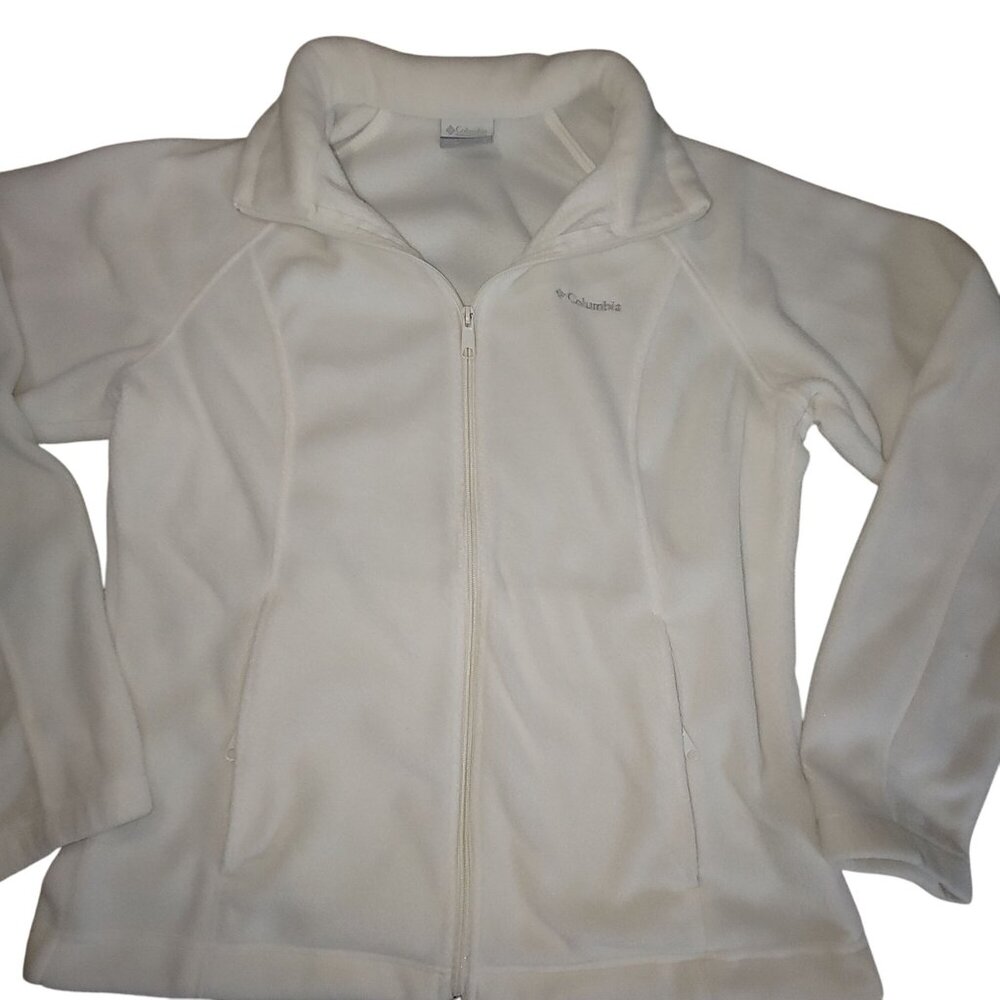 Columbia Jacket Coat White Full Zip Fleece Size Large Pocket Soft Warm Outerwear